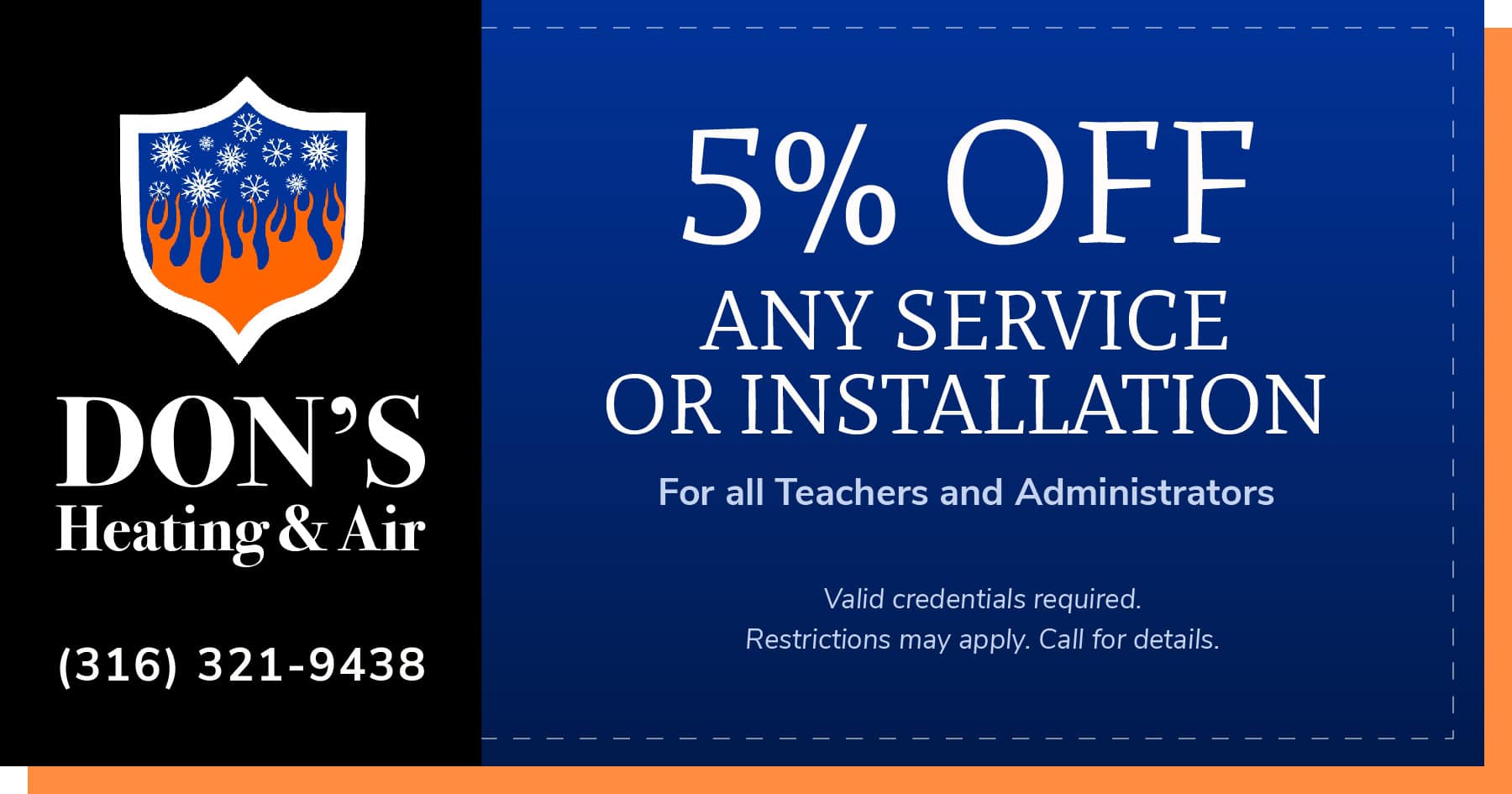 Don's Heating & Air HVAC coupon for 5% off any service or installation for Teachers and Administrators.