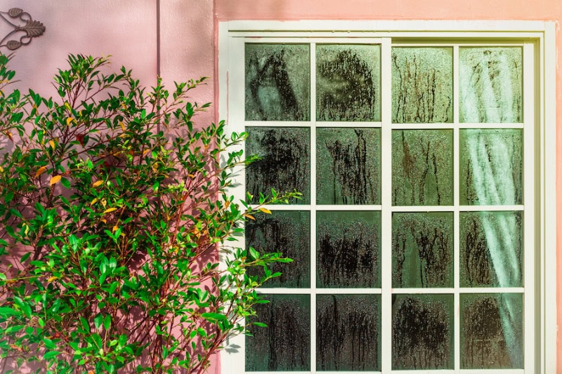Don't Let Your Home Sweat It Out: A Kansas Guide to Humidity Control. Glass door with condensation and a tree, high humidity. Texture of water on a glass. Phenomenon of nature and exterior concept.